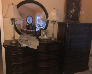 BEDROOM TALL BOY AND LONG BEDROOM DRESSERS IN EXCELLENT CONDITION - OVAL MIRROR IS AVAILABLE 