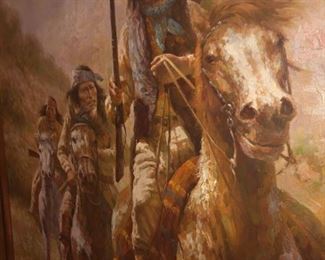 CLOSE UP VIEW OF SIGNED NATIVE AMERICAN INDIANS ON HORSEBACK LARGE OIL PAINTING ON CANVAS IN ORIGINAL FRAME.  SIGNED BY ARTIST TROY DENTON.  VERY LARGE MUSEUM QUALITY SIGNED OIL PAINTING ON CANVAS IN EXCELLENT CONDTION WITH NO DAMAGE