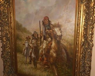 SIGNED NATIVE AMERICAN INDIANS ON HORSEBACK LARGE OIL PAINTING ON CANVAS IN ORIGINAL FRAME.  SIGNED BY ARTIST TROY DENTON.  VERY LARGE MUSEUM QUALITY SIGNED OIL PAINTING ON CANVAS IN EXCELLENT CONDTION WITH NO DAMAGE