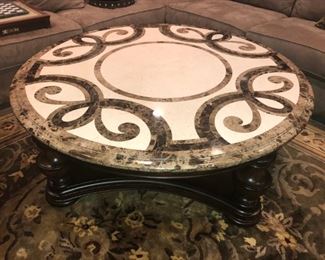 MAITLAND LARGE ROUND OVAL COCKTAIL TABLE WITH ORNATE INLAID MARBLE - EXCELLENT CONDITION AND GENTLY USED
