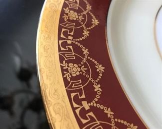 CLOSE UP VIEW OF 24 KARAT GOLD PAINTED RIM & OTHER GOLD DECORATIONS CLOSE UP DECORATED SCENE SIGNED LE MIEUX 24 KARAT DECORATED DINNERWARE WITH ROYAL FIGURES "ROYAL COURTING SCENE" AND OVER 105 PIECES WITH NO DAMAGE OF CHIPS AND OR CRACKS