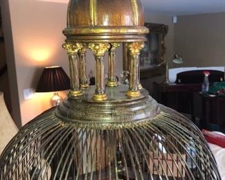 CLOSE UP VIEW OF DETAILED WOODGRAIN OF DOMED RARE QUALITY WOODEN DOMED BIRD CAGE WITH ORNATE CARVINGS - LOWER DRAWER TO PULL OUT FOR CLEANING 