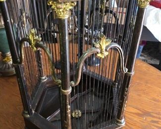 CLOSE UP VIEW OF RARE QUALITY WOODEN DOMED BIRD CAGE WITH ORNATE CARVINGS - LOWER DRAWER TO PULL OUT FOR CLEANING 