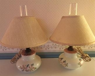 Pair of Decorated Milk Glass Lamps