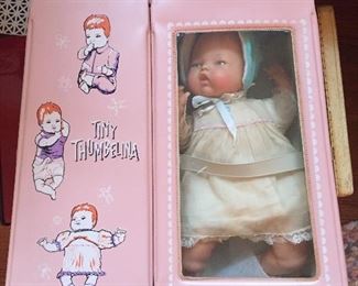 Vintage Ideal Tiny Thumbelina Doll with Case/Clothes