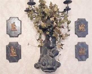 Dolphin planter and grouping of four small plaques featuring a classical theme
