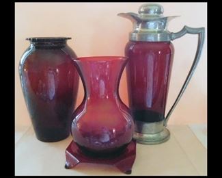Red Glass Martini Pitcher with Pewter handle and spout plus two red glass vases.