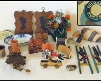 Some of the many collectibles. Includes Niloak Pottery, a miniature cuckoo clock from Augusto Keebler, Americana and more. 