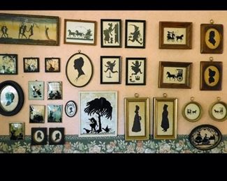 Framed Silhouettes including four Nursery Rhyme and several with convex glass. 
