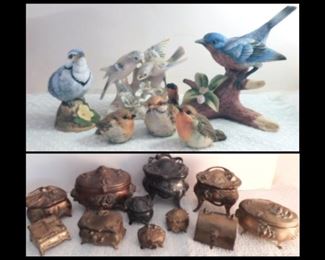 Ceramic Birds and a collection of small Art Nouveau  footed jewelry boxes. 