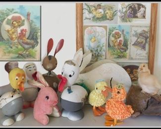 Vintage Easter Fun! Bobble Heads,  Framed Postcards, Sawdust Stuffed Bunny and one little chick that looks so realistic on top of driftwood.