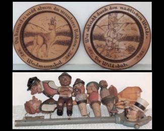  German Pyrography Wooden Plates and Hand-carved Bottle Stoppers and more.