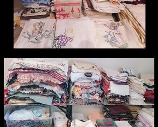 An Entire Room full of Linens! Embroidery, Placemats, Napkins, Towels, Tablecloths, Runners and about 20 Hand Sewn Quilts.