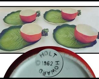 Howard Holt 1962 Tomato and Lettuce Snack Plates and Cups.  Have a fun snack time for four!