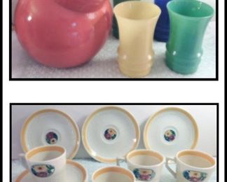  Miniature Tea Set and Colorful Glass Pitcher with Cups.