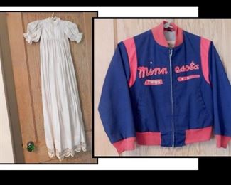  A Baby's Christening Gown and a Vintage Minnesota Twins Jacket. It is Child Size and looks to be about an 8-12.  