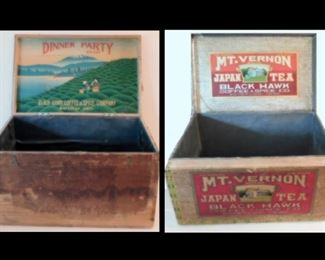 Two Wooden Tea Boxes from Waterloo, Iowa. Labels are in fantastic condition. The one on the left is 17.5 x 11" x 10".  The one on the right is 17.5" x 12.5" x 12.5".