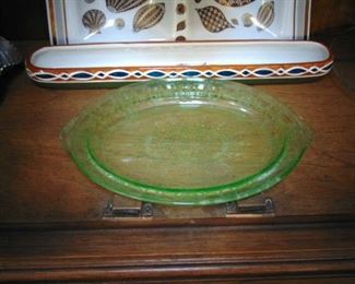 Green depression glass serving plate