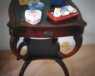 Beautiful Mahogany side table with drawer and green leather inset top.