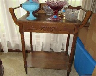 antique wash stand and vintage glassware