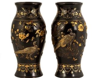 Exceptional Japanese Meiji Period Mixed Metal Vases. 19th century. Decorated with pheasants and foliage.