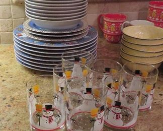 Christmas snowman dishes, glasses