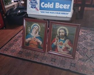 Budweiser cold beer sign $25.
Jesus and Mary pictures $50 pair