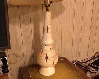 Vintage Mid Century Modern Diamond cut Pottery lamp Orange and Brown