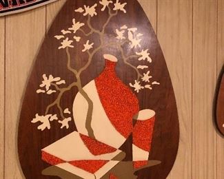 Vtg Mid Century Modern Pebble Art Walnut Still Life Teardrop Wall Hanging Belart series of 3