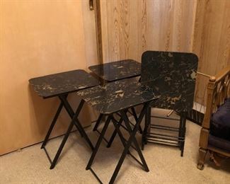 4 midcentury marble like trays with tray stand