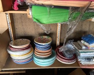 Party store close out loads of paper plates, napkins, papercups, centerpiece terrarium type glass bowls, silver pedastal footed centerpiece vessels and more