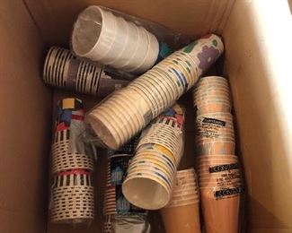 Party store close out loads of paper plates, napkins, papercups, centerpiece terrarium type glass bowls, silver pedastal footed centerpiece vessels and more