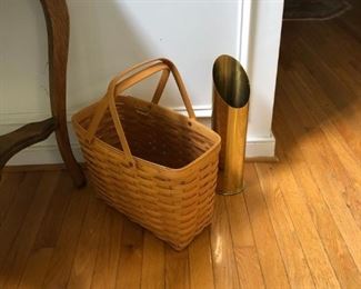 Longaberger magazine basket. Cool brass match stick holder for fire place.