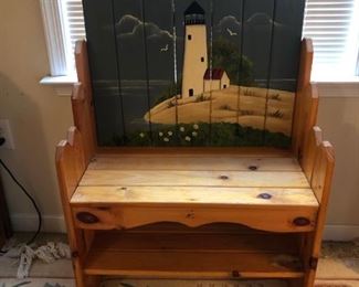 Pine bench with painted light house scene.