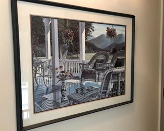 Signed print. Victorian wicker porch scene. Artist signed.