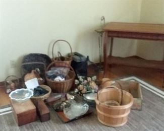 baskets filled with goodies, neat old boxes , side table