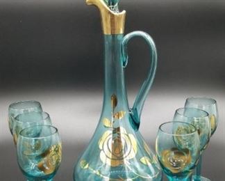 Blue crystal decanter and wine glasses