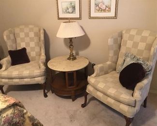 Upholstered Arm Chairs with Marble Top Occasional Table