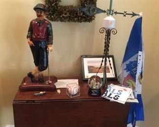 Really cool weather vane,  beautiful curled wood square wreath, drop leaf table