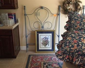 One of a pair of Blue iron beds, matching Ralph Lauren bedding and lovely botanical prints. Add the rug and you have a ready made bedroom!!