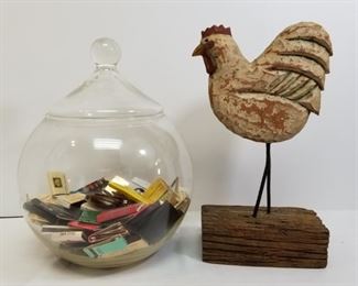 Glass jar of vintage matchbooks and chicken folk art https://ctbids.com/#!/description/share/233789