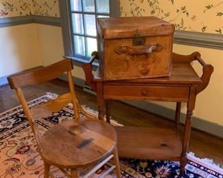 Wooden cart with drawer, chair with brown seat and fox case with latch and lock. https://ctbids.com/#!/description/share/233753