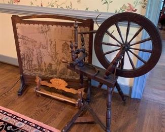 Old spinning wheel, screen and wooden rack https://ctbids.com/#!/description/share/233754