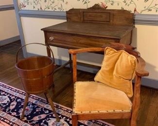 Vintage table with drawer, vintage chair and bucket stand      
 https://ctbids.com/#!/description/share/233755