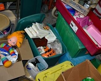 Items needing to be unpacked, rainbow brite, barbie furniture, halloween blow molds, American girl books and tons more toys