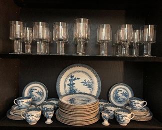 The crystal is London by Orrefors circa 1980 this pattern is very rare!
The China is Lowest Dear by Booths of London. Booths makes the similar pattern titled Blue Willow which was used in the White House early on and in the home of Thomas Jefferson  