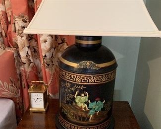 One of a pair of Chinese tea tins made into lamps