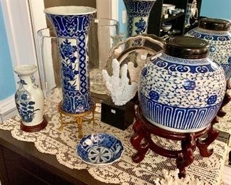 A selection of antique blue and white Imari, silver and crystal 