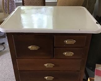 Vintage Enamel Top with pull out butcher block kitchen island cabinet