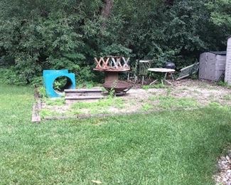 Fire pit, Round redwood Table n Chairs